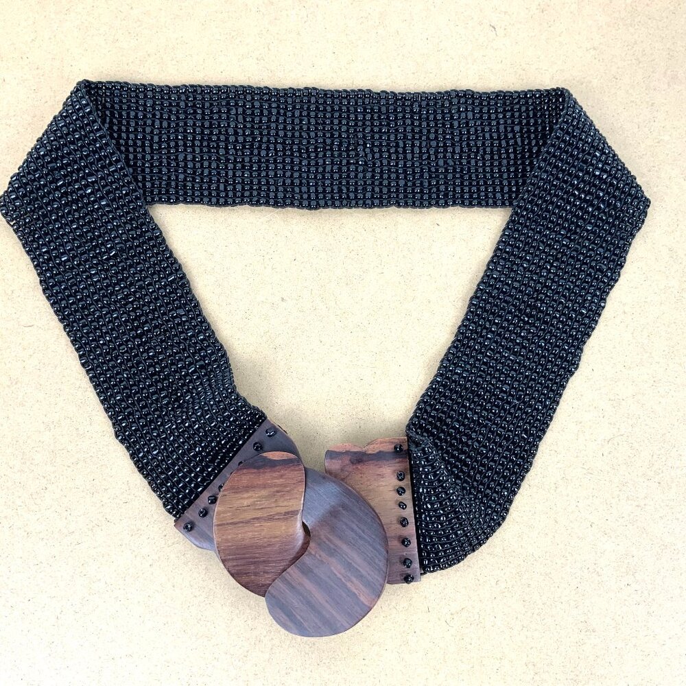 Black Stretchy Beaded Belt With Wood Buckle M